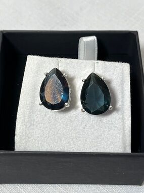 Teardrop Stud Earrings with dark blue crystals. Silver tone. Large. Statement.